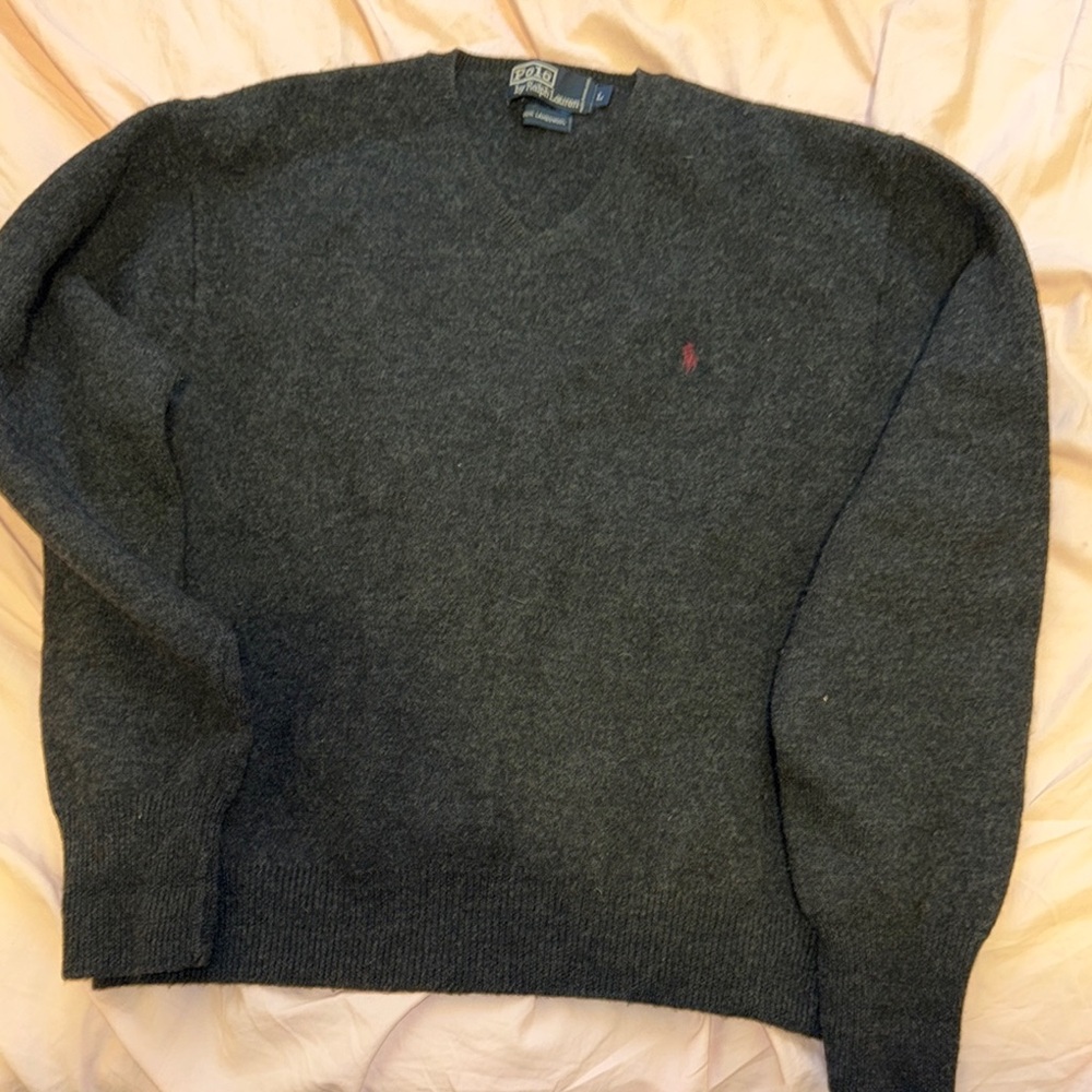Polo by Ralph Lauren Charcoal V-Neck Wool Sweater - Men's 100% LambWool